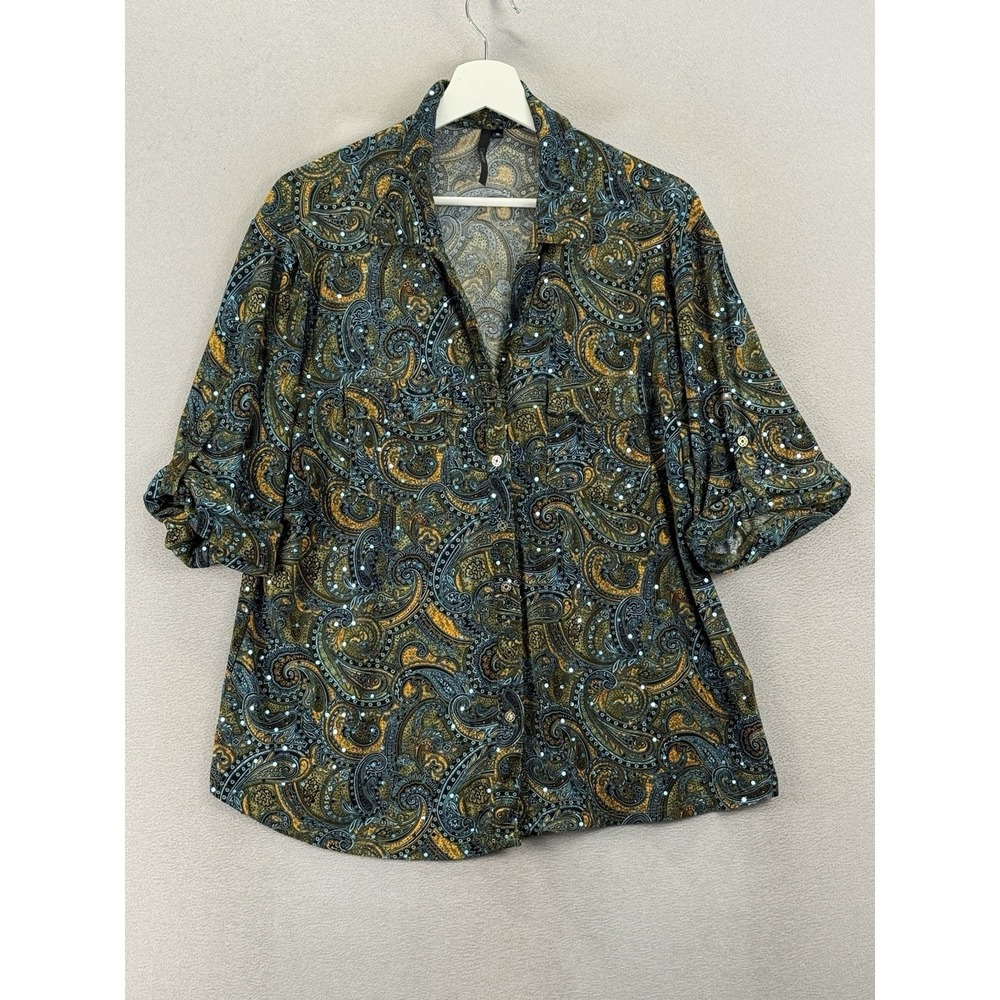 Cathy Women's Size XL Paisley Sequin Blouse Button Up Roll Tab Sleeve‎ Top